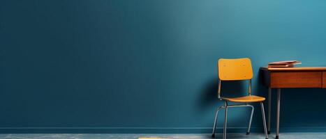 Table with chair and school bag in bright style with photo