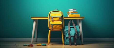 Table with chair and school bag in bright style with photo