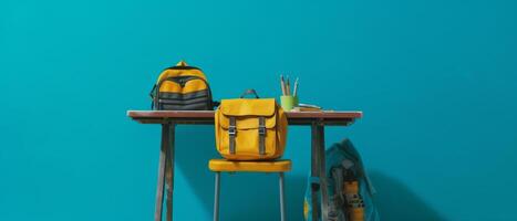 Table with chair and school bag in bright style with photo