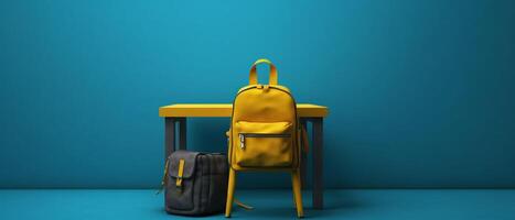 Table with chair and school bag in bright style with photo