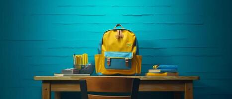 Table with chair and school bag in bright style with photo