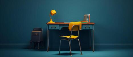Table with chair and school bag in bright style with photo
