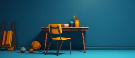 Table with chair and school bag in bright style with photo