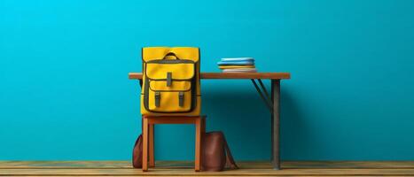 Table with chair and school bag in bright style with photo