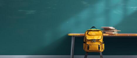 Table with chair and school bag in bright style with photo