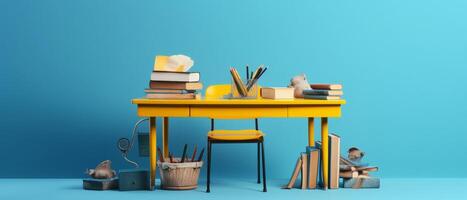 Table with chair and school bag in bright style with photo