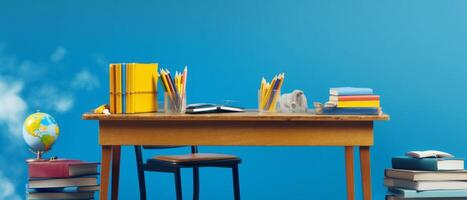 Table with chair and school bag in bright style with photo