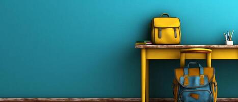 Table with chair and school bag in bright style with photo