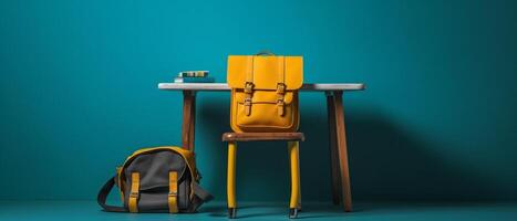 Table with chair and school bag in bright style with photo