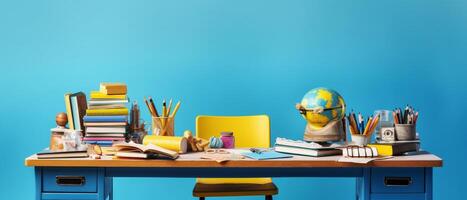 Table with chair and school bag in bright style with photo