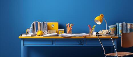 Table with chair and school bag in bright style with photo