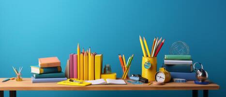 Table with chair and school bag in bright style with photo