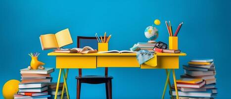 Table with chair and school bag in bright style with photo
