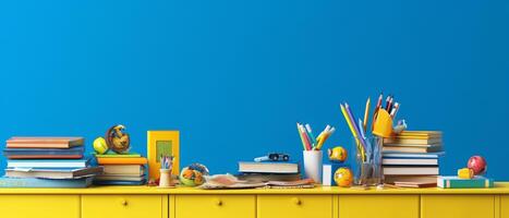 Table with chair and school bag in bright style with photo