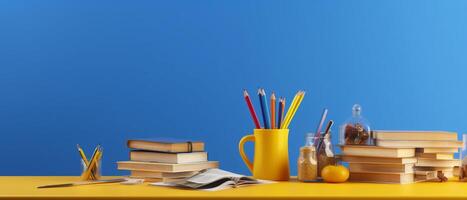 Table with chair and school bag in bright style with photo