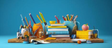 Table with chair and school bag in bright style with photo