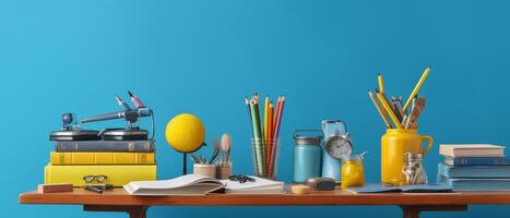 Table with chair and school bag in bright style with photo