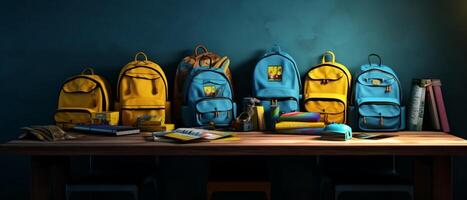 Table with chair and school bag in bright style with photo