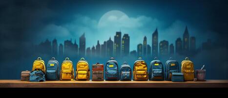Table with chair and school bag in bright style with photo
