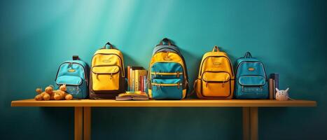 Table with chair and school bag in bright style with photo
