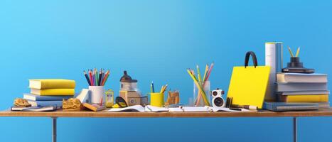 Table with chair and school bag in bright style with photo