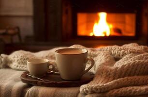 Coffee mug and blanket in Christmas style with photo