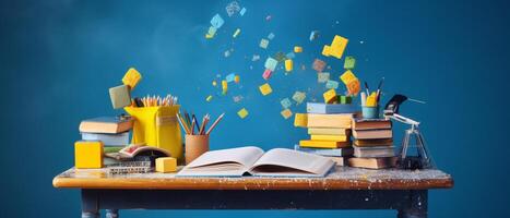 Table with chair and school bag in bright style with photo