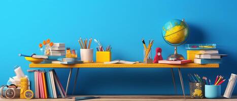 Table with chair and school bag in bright style with photo