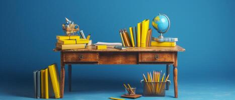 Table with chair and school bag in bright style with photo