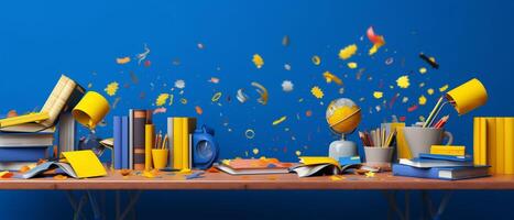 Table with chair and school bag in bright style with photo
