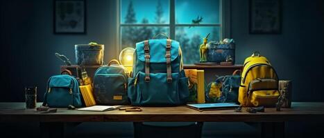 Table with chair and school bag in bright style with photo