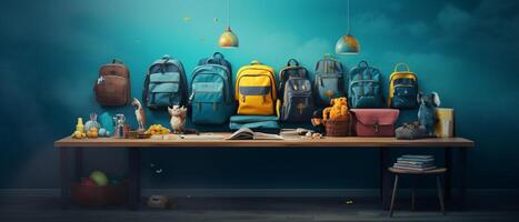 Table with chair and school bag in bright style with photo