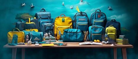 Table with chair and school bag in bright style with photo