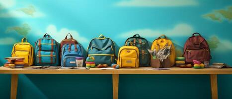 Table with chair and school bag in bright style with photo