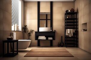 Sink and bathroom in dark modern style with photo