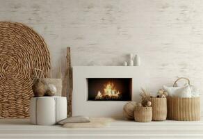 Living room with fireplace in white tones with Generative AI photo