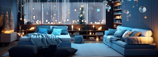 Living room decorated in Christmas style with Generative AI photo