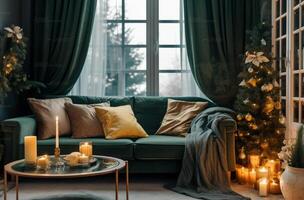 Living room decorated in Christmas style with Generative AI photo