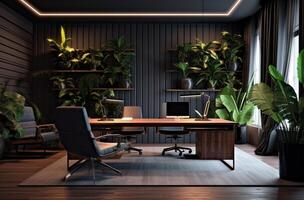 Office room in wood and nature style with Generative AI photo