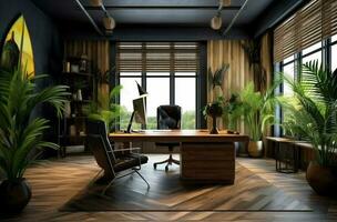 Office room in wood and nature style with Generative AI photo