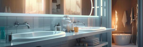 Sink and bathroom in dark modern style with photo
