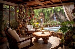 Swimming pool in a natural resort style with photo