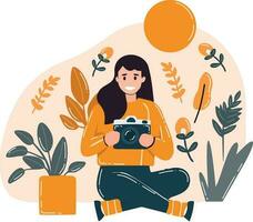 Hand Drawn Female cameraman with a camera in flat style vector