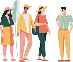 Hand Drawn a group of tourist characters standing and talking in flat style vector