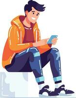 Hand Drawn boy sitting on mobile phone in flat style vector