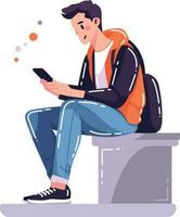 Hand Drawn boy sitting on mobile phone in flat style vector