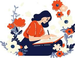 Hand Drawn Female artist sitting and drawing at the flower garden in flat style vector