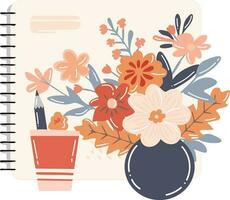 mano dibujado cuaderno con flores en plano estilo vector