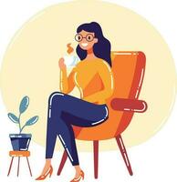 Hand Drawn woman character sitting and drinking coffee in flat style vector