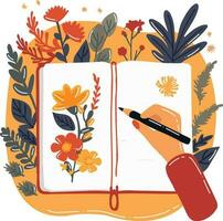 mano dibujado cuaderno con flores en plano estilo vector